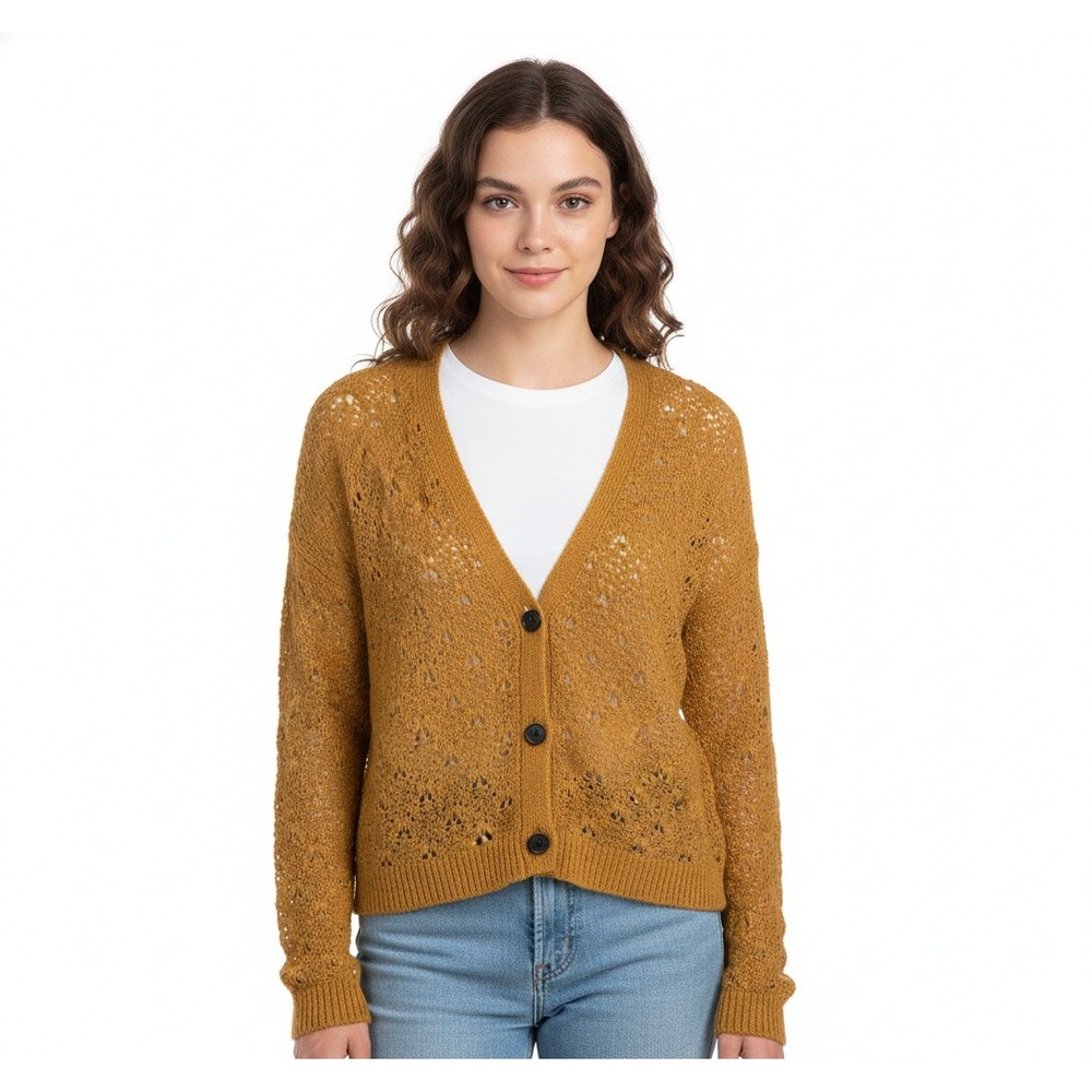 American Eagle Sweater Womens Medium Yellow Open Knit Button Front Cardigan Y2K